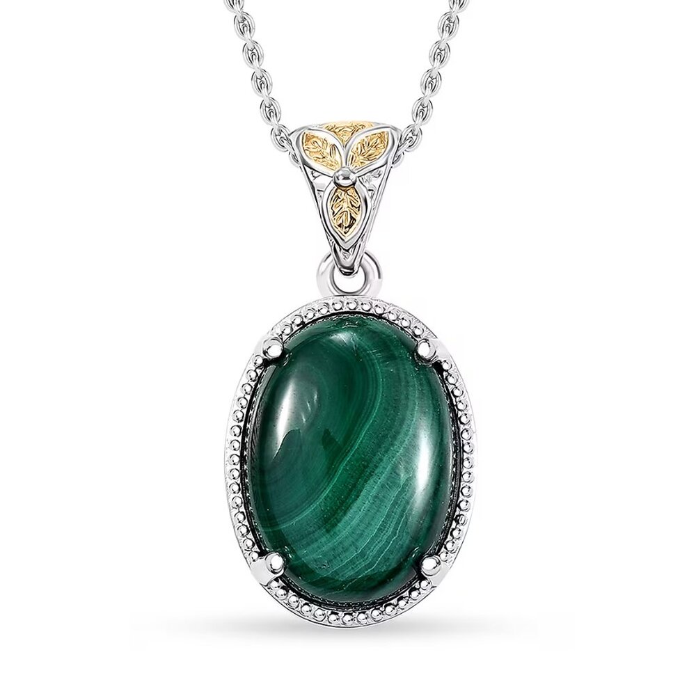 African Malachite Pendant in 14K YG Platinum Over Copper with Stainless Chain